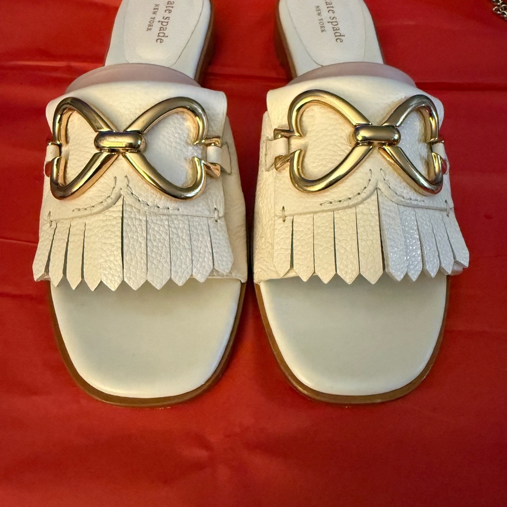 Kate Spade White Mules with Gold Bow Accent